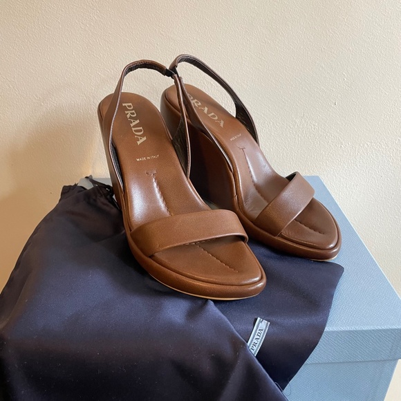Prada
Brown Leather Slingback Wedge 
Sandals 
38.5 - Picture 1 of 16